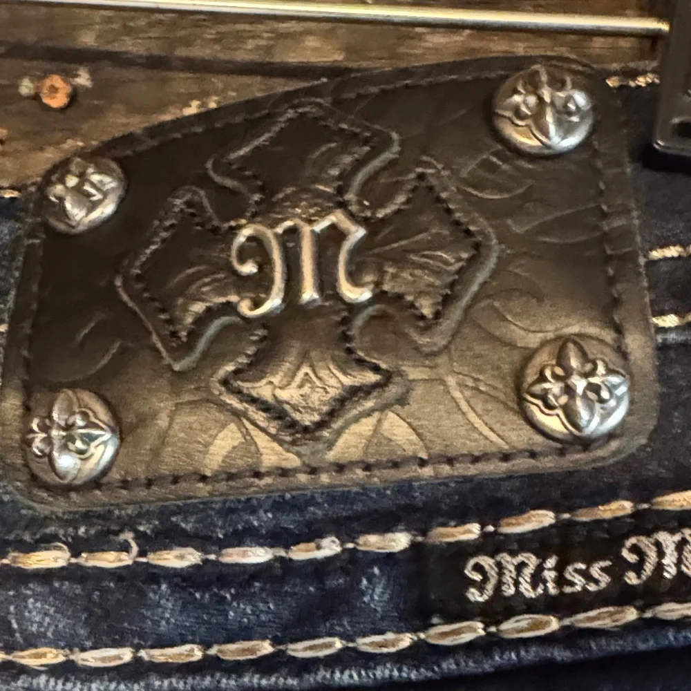 Miss Me Dark Blue Embroidered Bootcut Jeans with Gold Accents - Picture 3 of 12